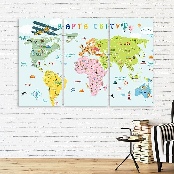 Boy nursery wall artChildren's world map wall art paintings on canvas, home wall decor, canvas painting, world map outlet canvas, set of 3 nursery