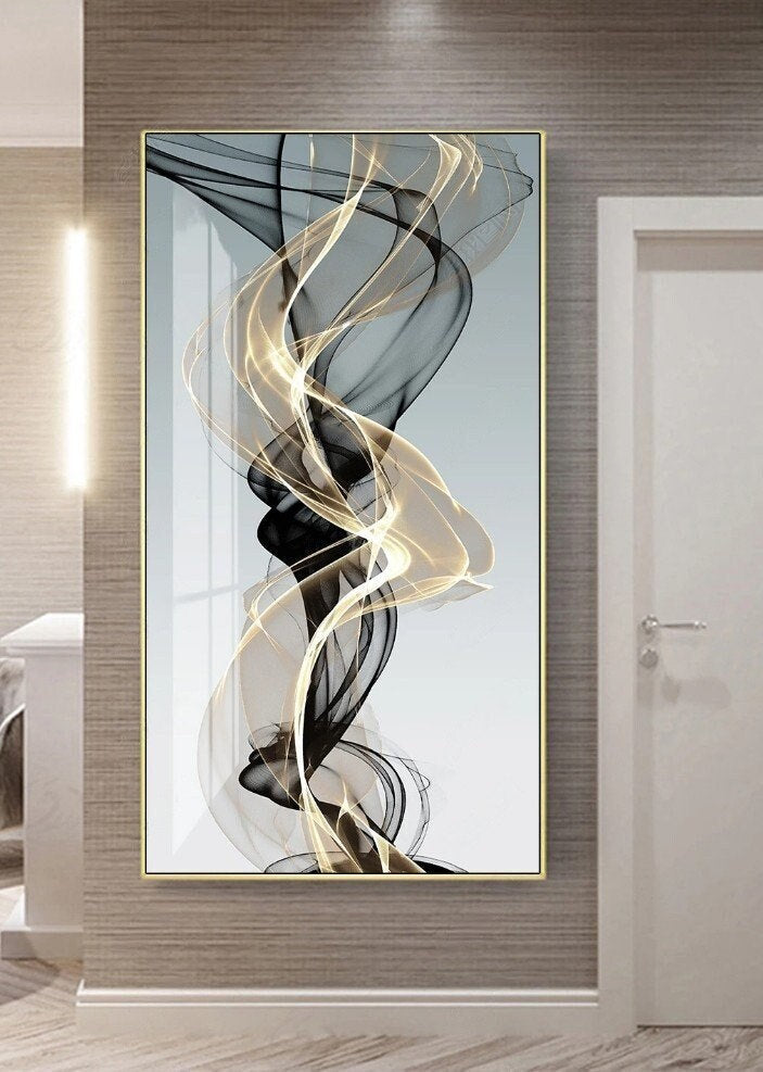 Gold framed canvas wall art abstract, black and gold vertical painting, large floating frame wall art bedroom, extra large wall art print