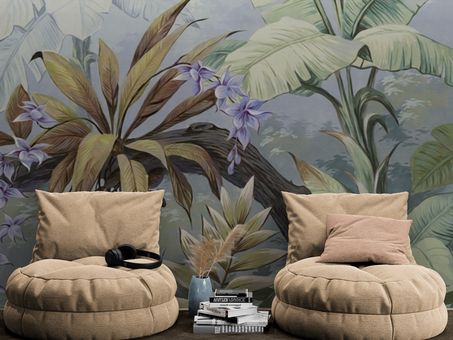 Tropical wall mural, banana leaves wallpaper, self adhesive botanical wall mural, plants wallpaper peel and stick, temporary mural with green plants, accent wallpaper