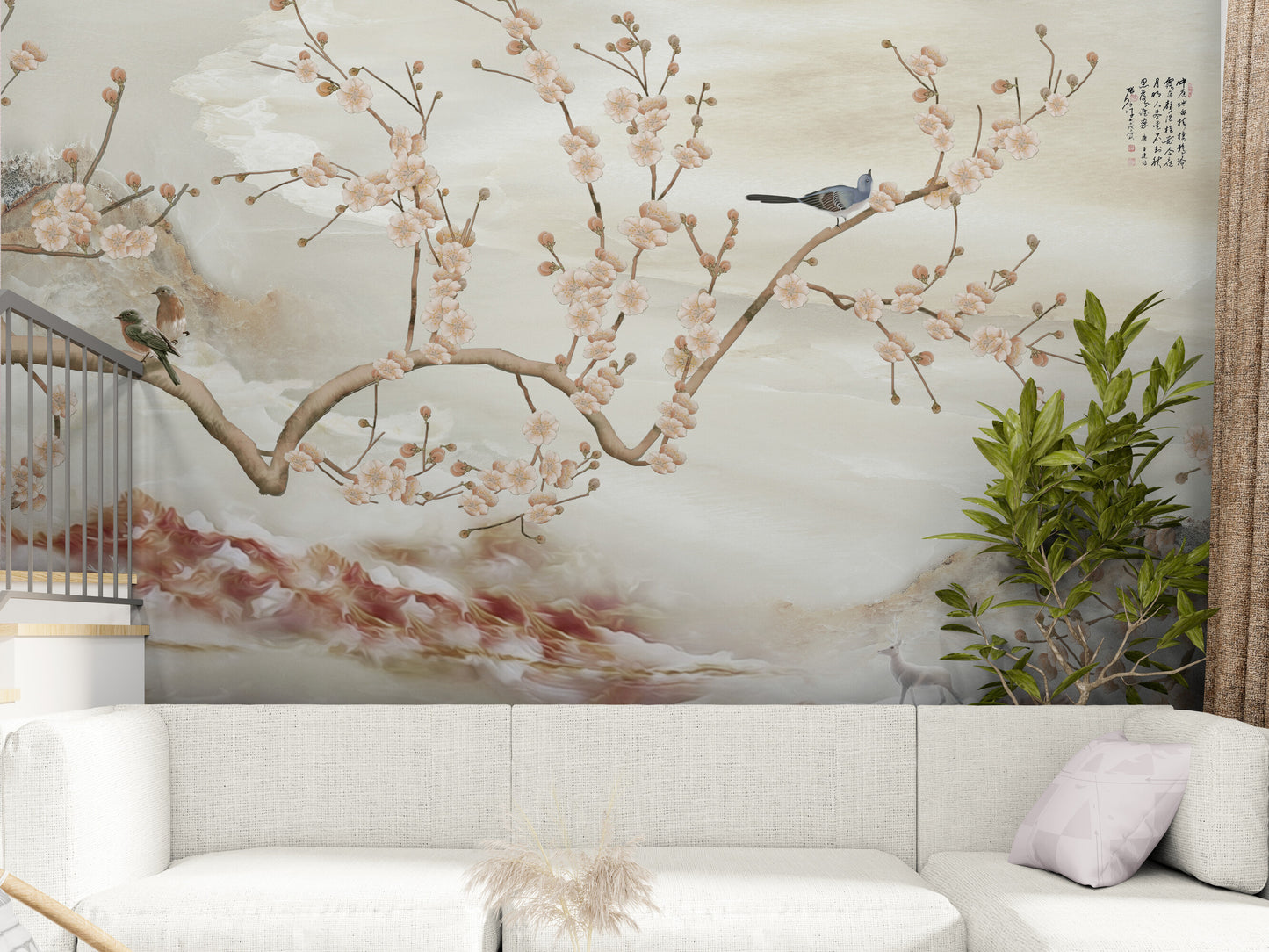 Large chinoiserie wallpaper, Botanical oriental wall mural, Beige wallpaper with birds, Peel and stick wallpaper mural, Accent self adhesive wallpaper