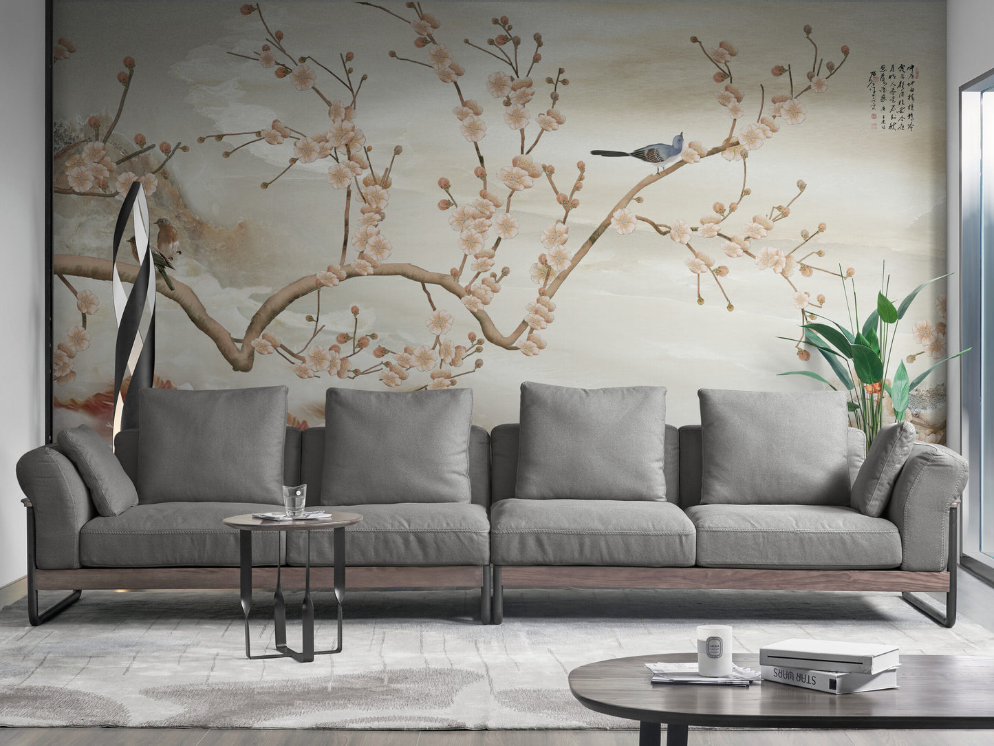 Large chinoiserie wallpaper, Botanical oriental wall mural, Beige wallpaper with birds, Peel and stick wallpaper mural, Accent self adhesive wallpaper