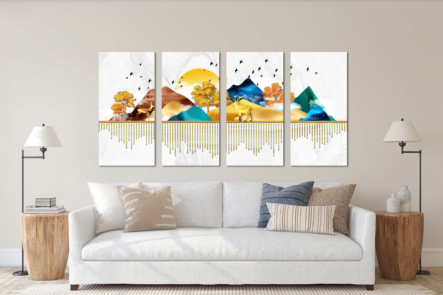 Fruit trees live plant Golden deer Blue ridge mountains wall art 3 panel canvas Outdoors mountains Canvas painting Home wall decor