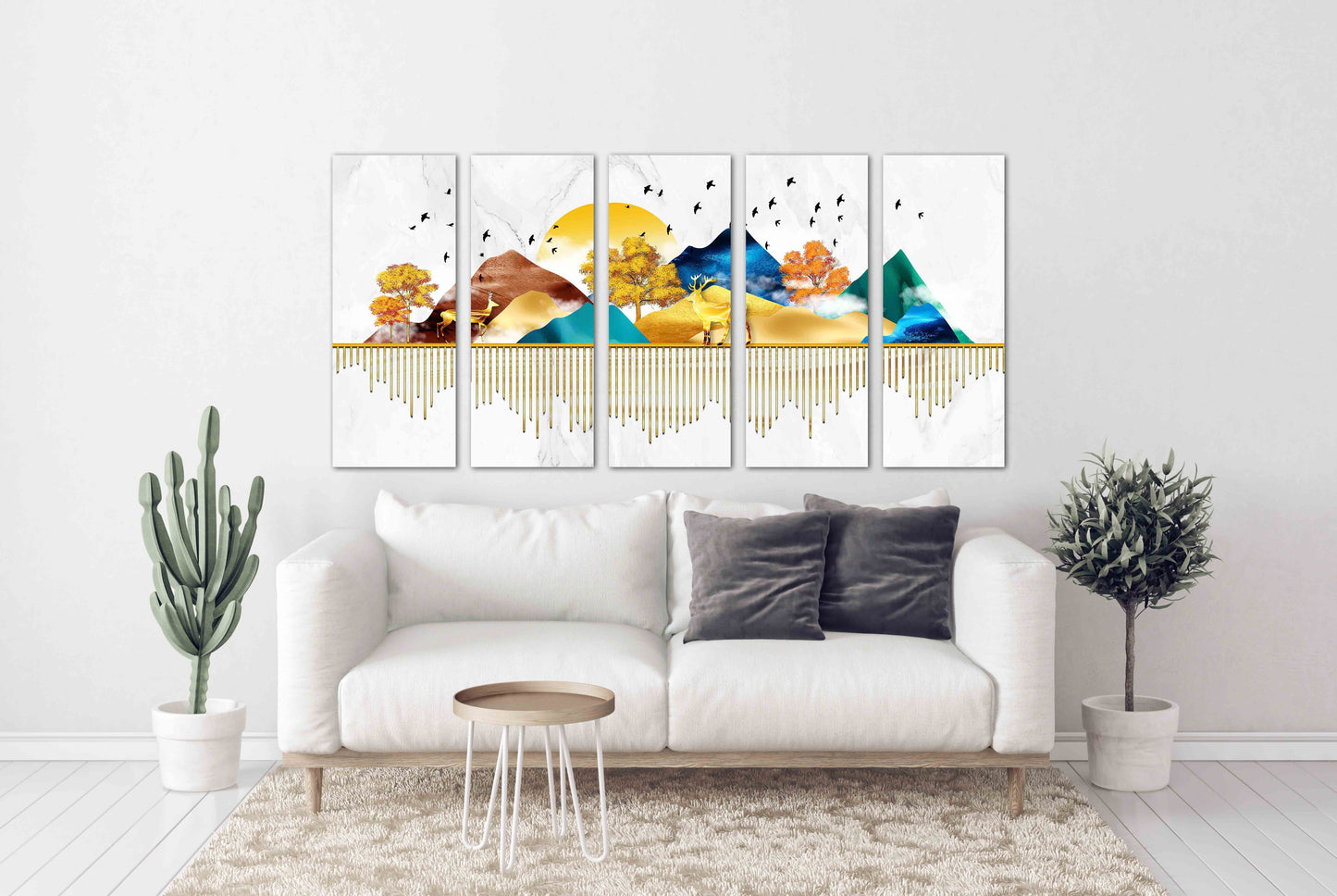 Fruit trees live plant Golden deer Blue ridge mountains wall art 3 panel canvas Outdoors mountains Canvas painting Home wall decor