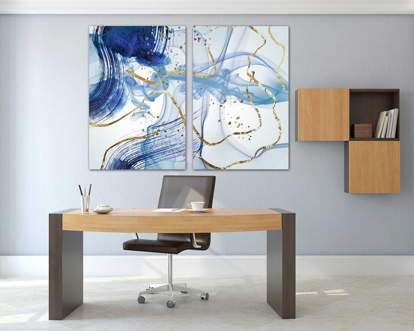 Large abstract painting blue and gold Modern abstract art Multi panel canvas Wall art Canvas painting Abstract wall art Home wall decor