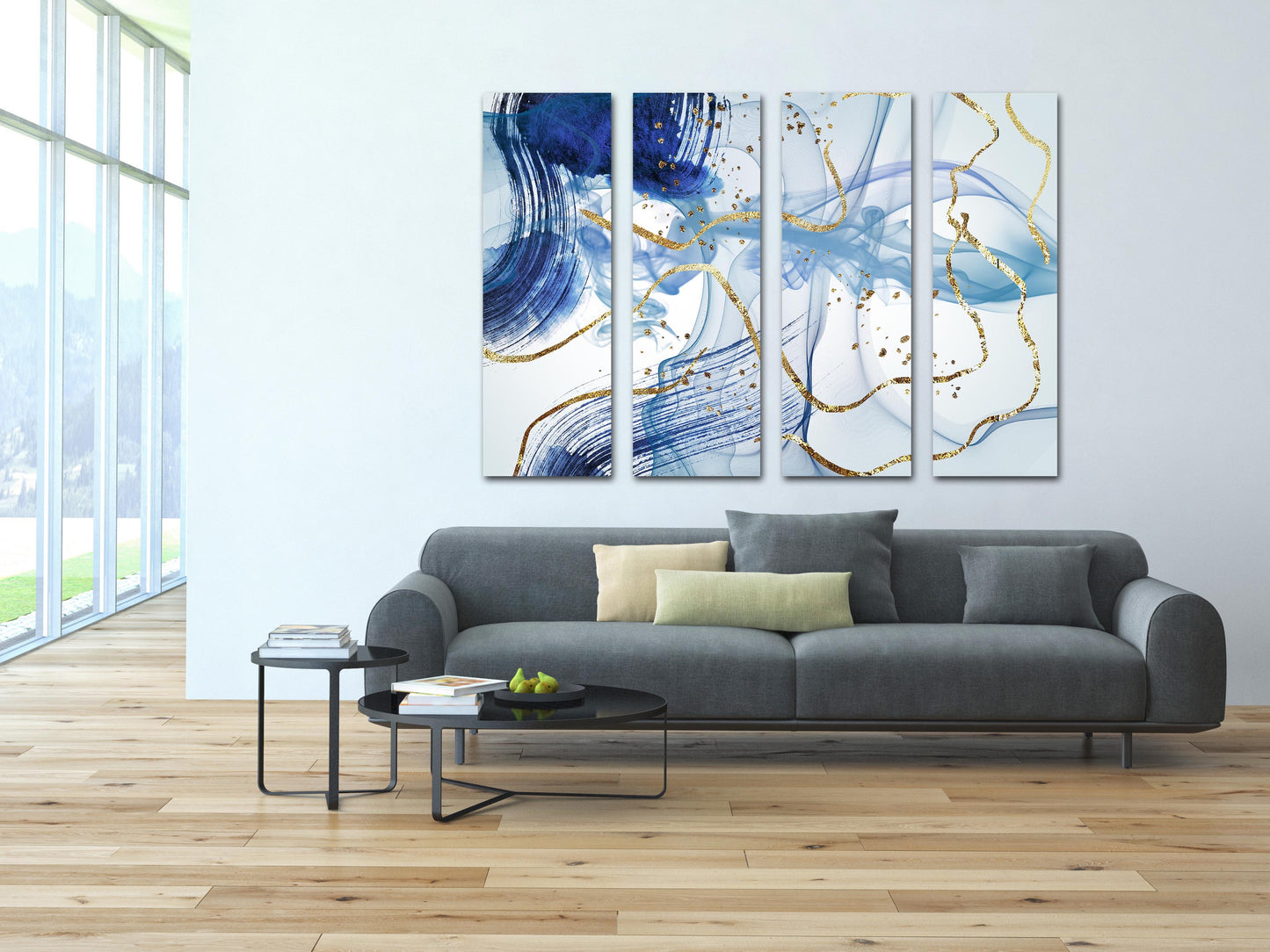 Large abstract painting blue and gold Modern abstract art Multi panel canvas Wall art Canvas painting Abstract wall art Home wall decor