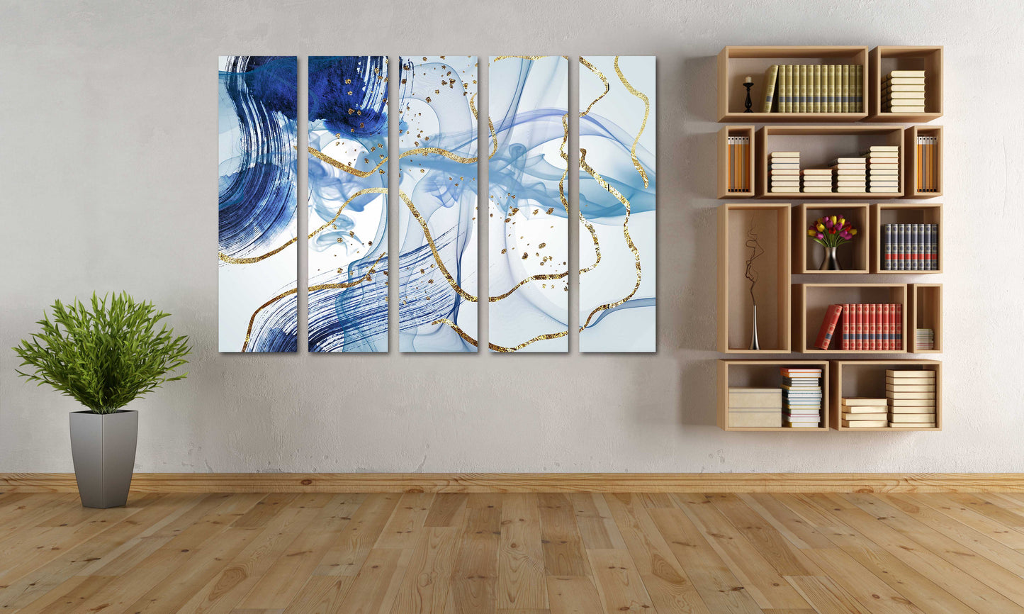 Large abstract painting blue and gold Modern abstract art Multi panel canvas Wall art Canvas painting Abstract wall art Home wall decor