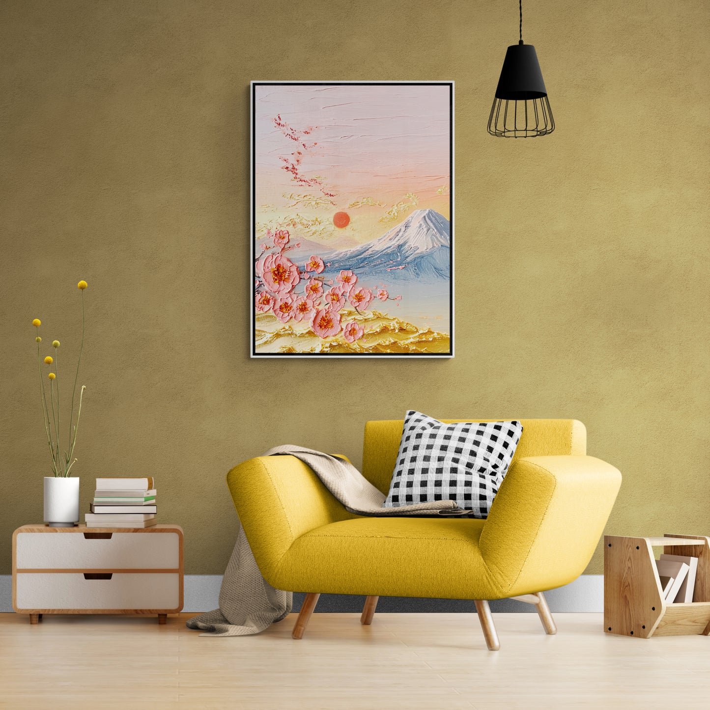 Japandi wall art, framed chinoiserie wall art, large oriental artwork, nature art print, mountains wall art, sakura blossom artwork, floral wall art, gift for her, above bed wall art