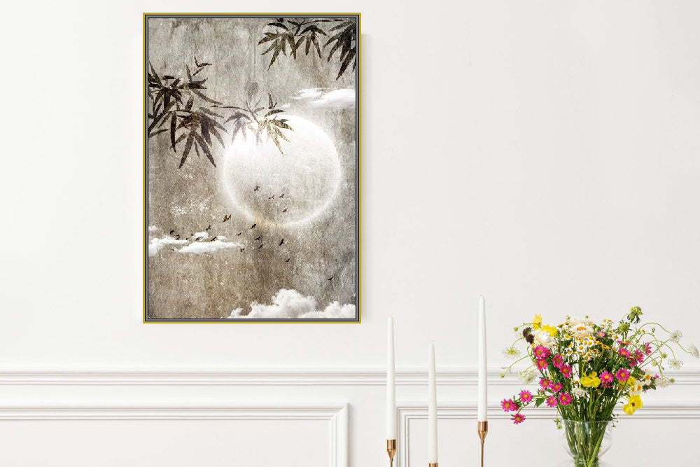 Oriental style wall art, large floater frame canvas print with moon, modern framed tropical artwork, printable living room nature wall art