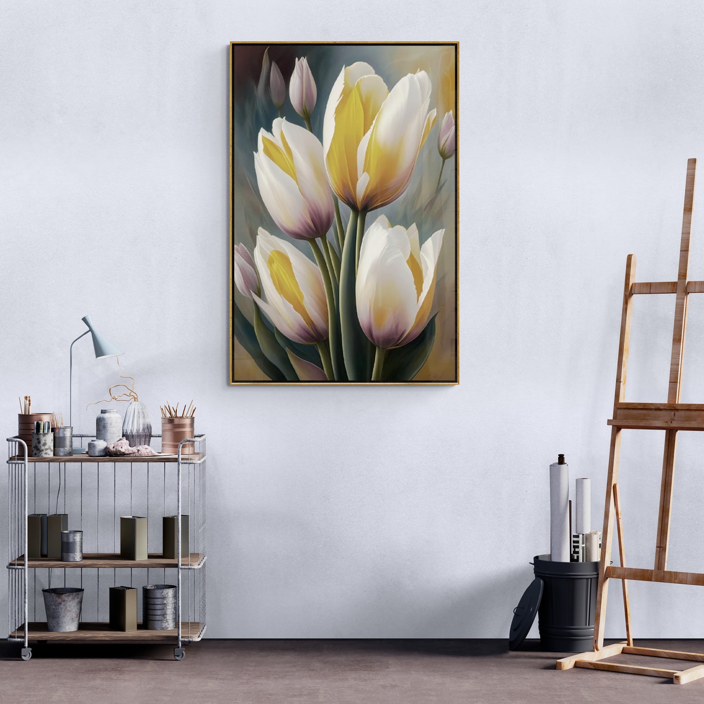 Large tulips wall art, floral canvas print, printable framed artwork, white flowers wall art, botanical floater frame living room wall art