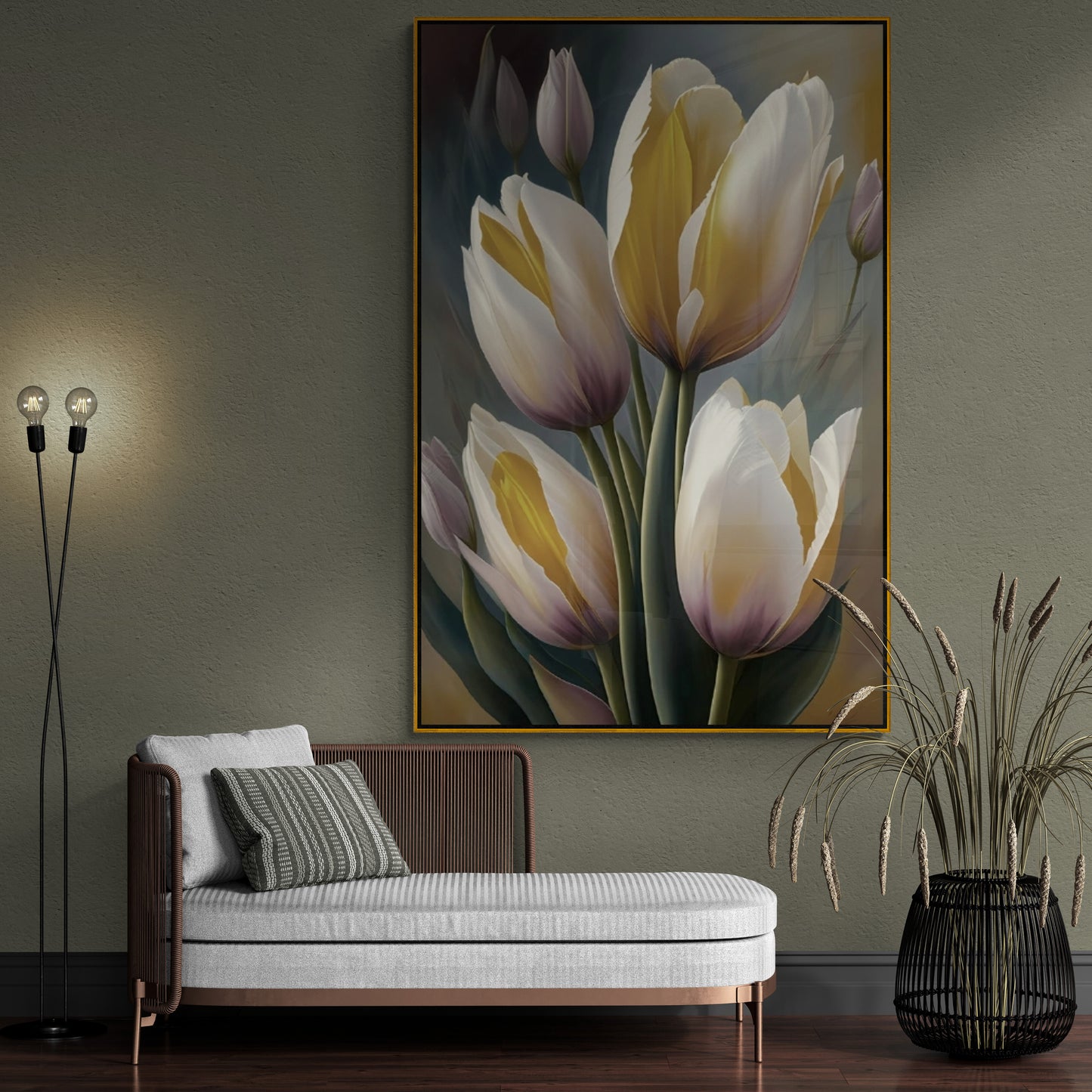 Large tulips wall art, floral canvas print, printable framed artwork, white flowers wall art, botanical floater frame living room wall art