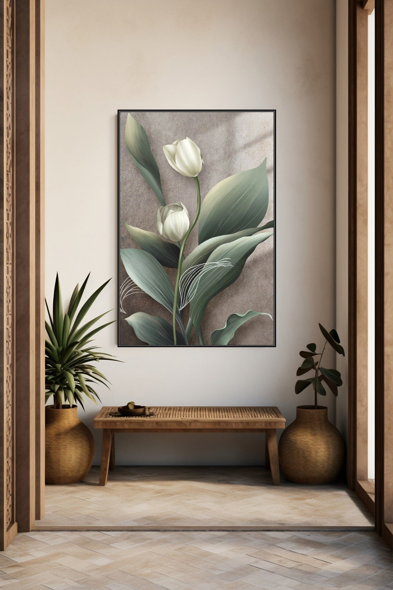 Whie tulips canvas print, large floral wall art, printable floating frame artwork, framed botanical canvas print, living room wall art