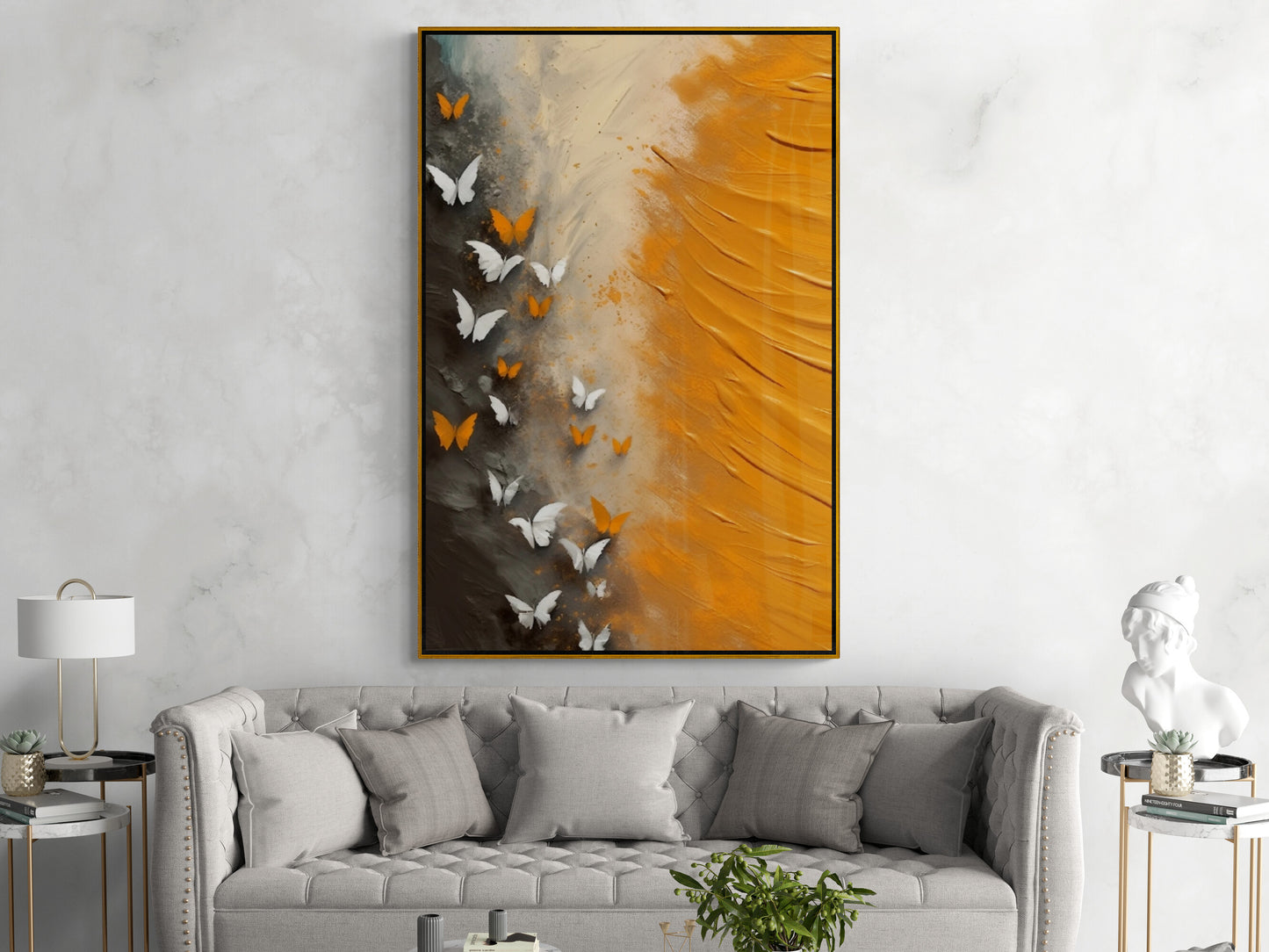 Abstract wall art, framed butterfly artwork, printable orange wall art, large floater frame canvas print, contemporary living room wall art