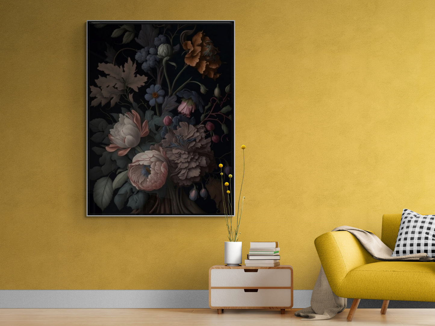 Extra large peony wall art, dark flowers print in floater frame, botanical canvas print, printed floral artwork, bedroom canvas print