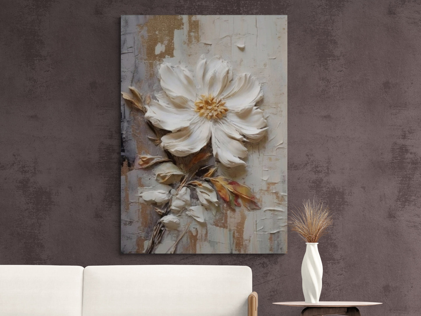 3d effect floral canvas print, large white flower wall art, framed wildflower artwork, floater frame canvas print, living room wall art