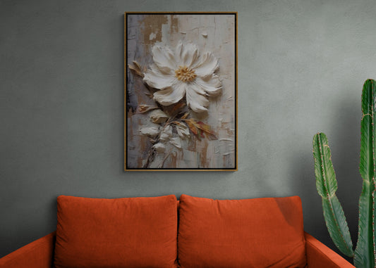 3d effect floral canvas print, large white flower wall art, framed wildflower artwork, floater frame canvas print, living room wall art