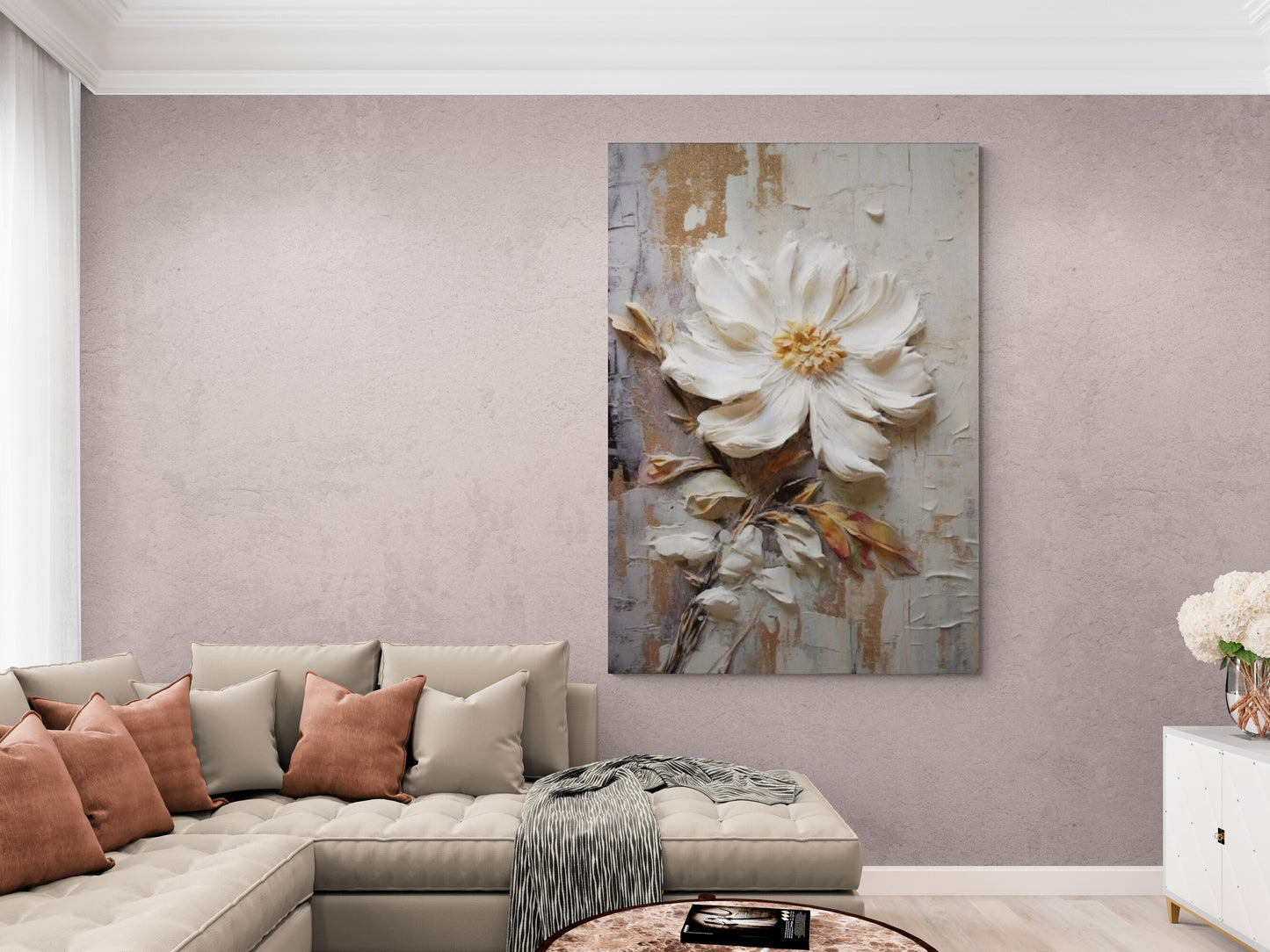 3d effect floral canvas print, large white flower wall art, framed wildflower artwork, floater frame canvas print, living room wall art