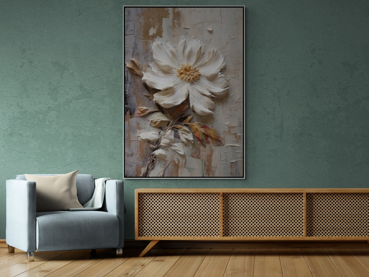 3d effect floral canvas print, large white flower wall art, framed wildflower artwork, floater frame canvas print, living room wall art