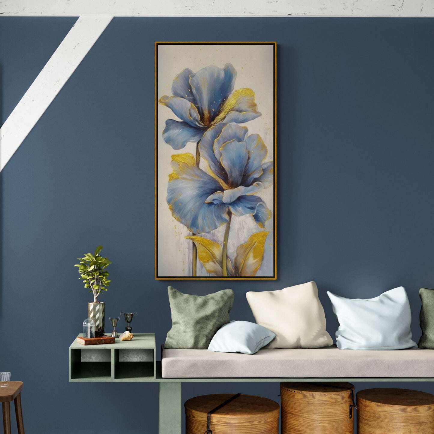 Blue flowers wall art, framed floral art print, vertical botanical canvas print, gentle flowers wall art, godmother gift