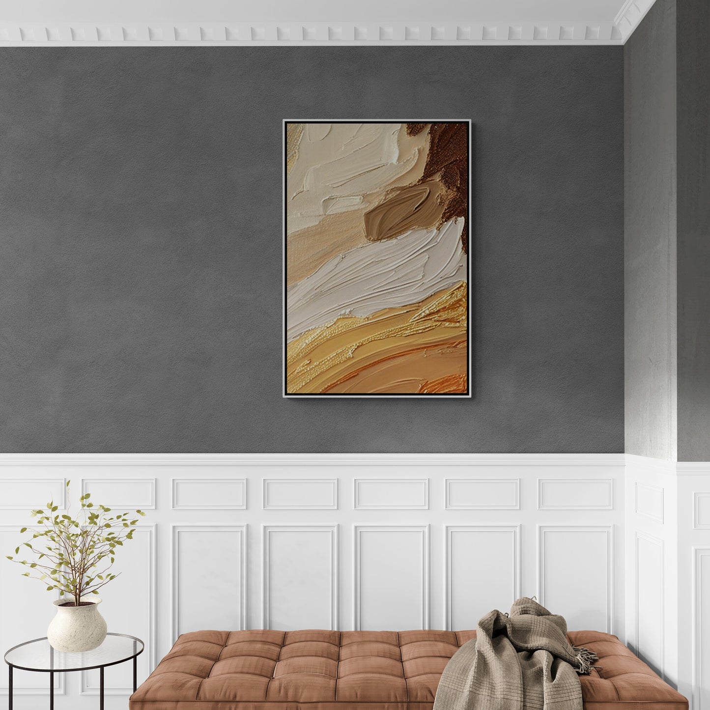 Abstract oil painting effect wall art, framed 3d effect canvas print, artwork in beige orange and brown colors, gold frame wall art, gift for him