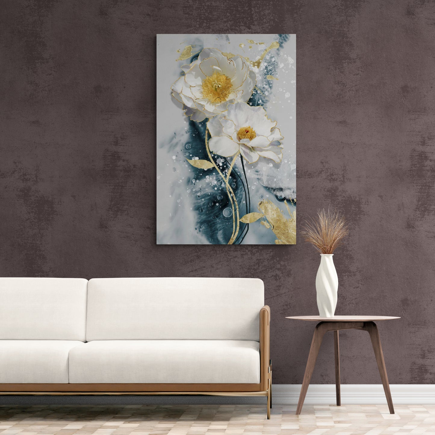 Floral wall art, gentle flowers artwork, white flowers canvas print, framed botanical artwork, white blue and gold floral wall art, godmother gift, bedroom wall art