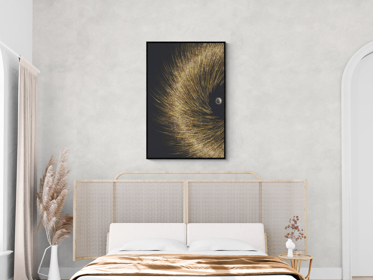 Abstract solar system wall art, framed gold black art print, framed contemporary canvas print, modern wall art, bedroom artwork, gift for boss