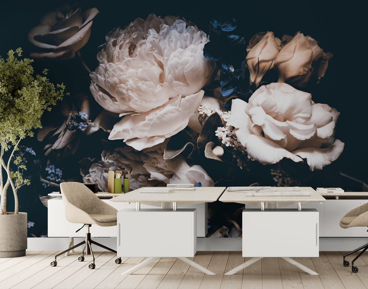 Dark floral wallpaper, Peel and stick peonies wallpaper mural, Extra large floral wall mural, Big flowers wallpaper, Temporary wall mural for bedroom