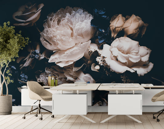 Dark floral wallpaper, Peel and stick peonies wallpaper mural, Extra large floral wall mural, Big flowers wallpaper, Temporary wall mural for bedroom