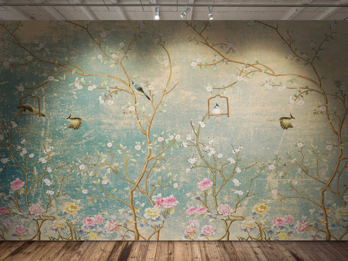 Chinoiserie wallpaper mural, large wallpaper with birds and trees, Asian botanical wall mural, accent removable wallpaper, self adhesive wallpaper, canvas peel and stick wall mural