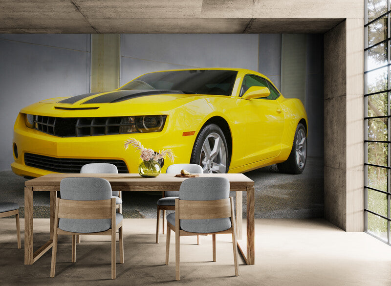 Extra large wallpaper with yellow car, peel and stick wallpaper for boy room, nursery wallcovering, temporary wallpaper