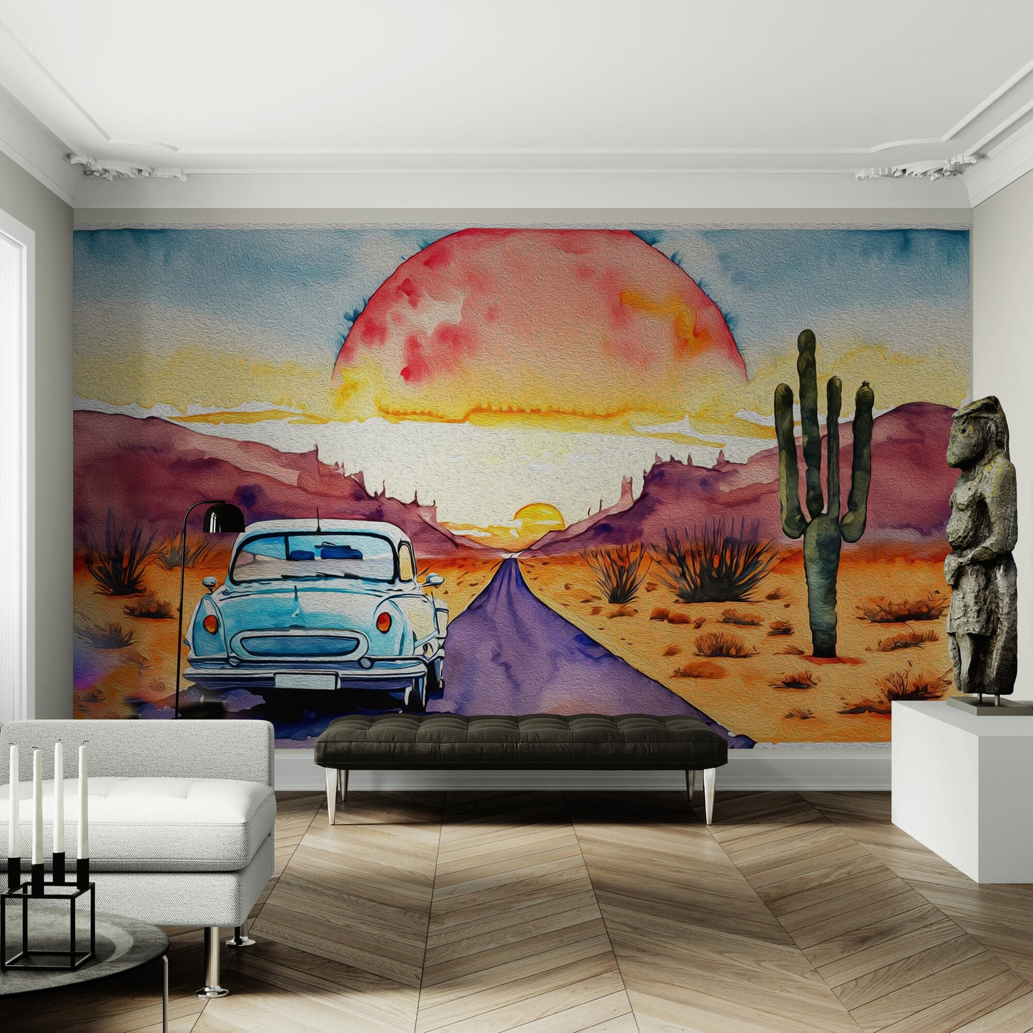 Landscape wallpaper, extra large nature wall mural, wallpaper with car, wallpaper with road, removable wallpaper, peel and stick wallpaper