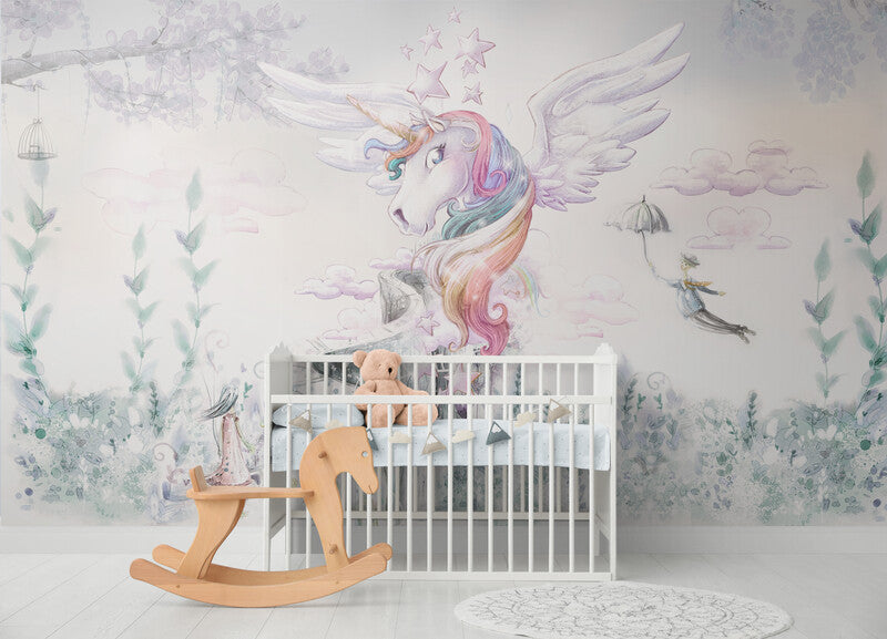 Nursery wallpaper, extra large wall mural with unicorn, removable baby girl room wallpaper, pink peel and stick wallpaper