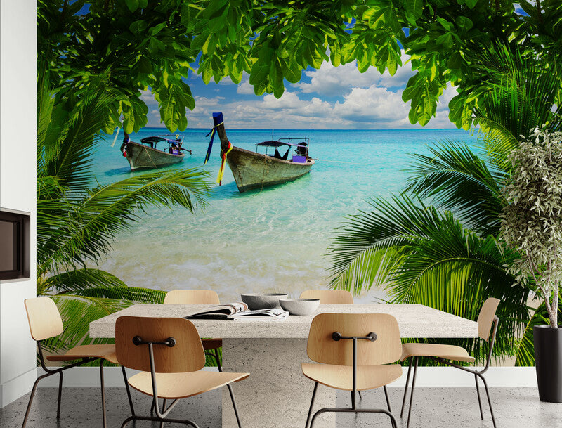 Tropical wallpaper, extra large seascape wall mural, self adhesive wallpaper with palm trees, green peel and stick wallpaper, accentual botanical wall mural