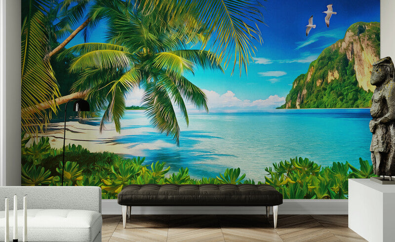 Extra large tropical wallpaper, seascape wall mural, self adhesive wallpaper with palm trees, green peel and stick wallpaper, accentual botanical wall mural for living room