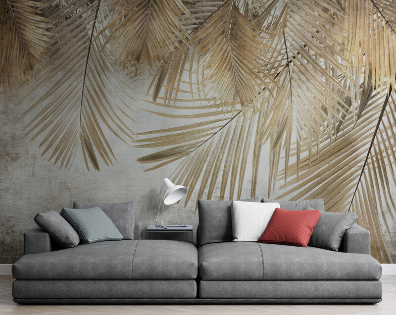 Extra large banana leaves wallpaper, wall mural with frathers, accentual botanical wall mural, dried leaves wallpaper for living room