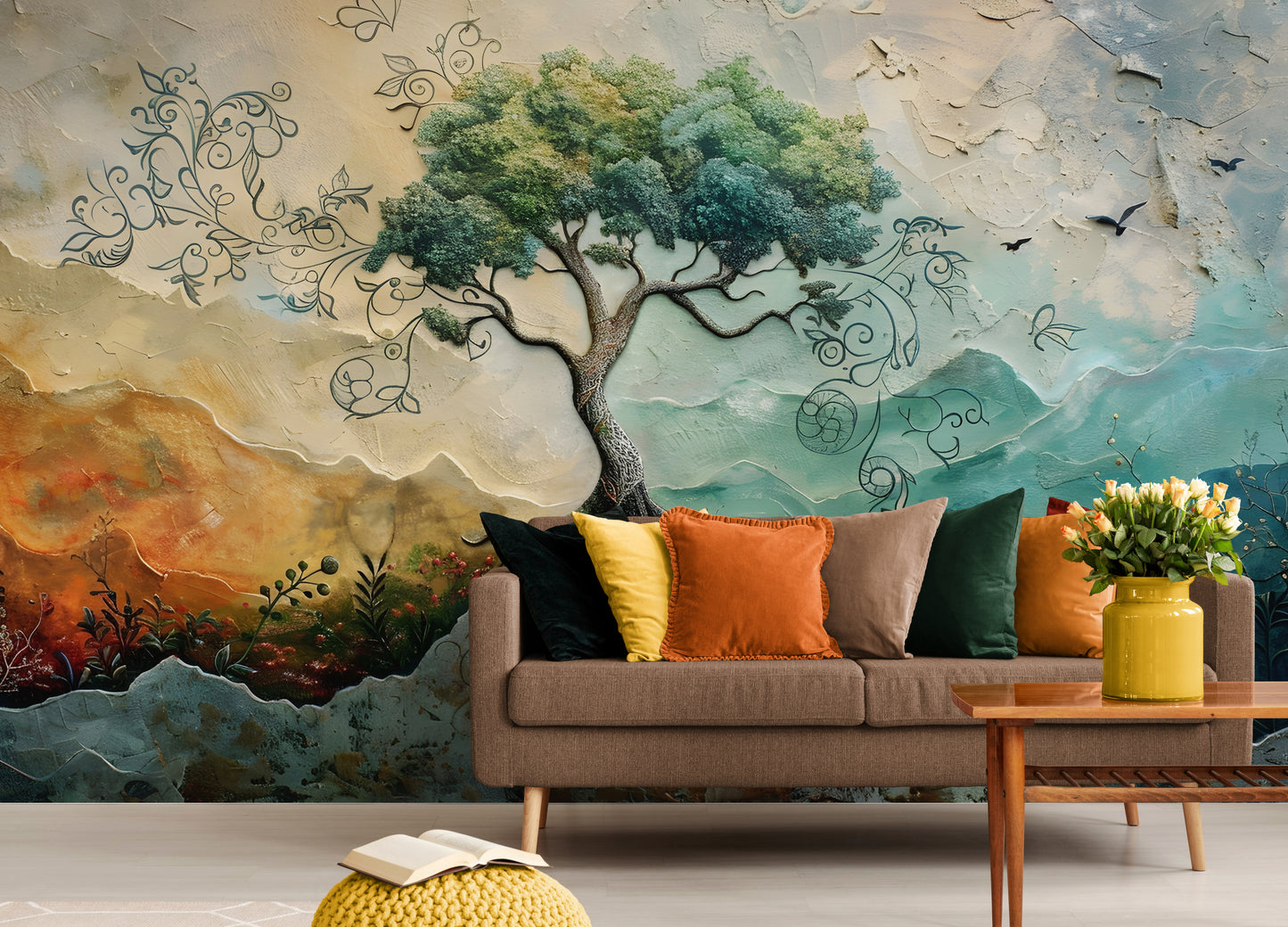 Tree of life wallpaper, botanical peel and stick wall mural, self adhesive wallpaper with large tree image, removable wallpaper mural, colorful nature wall mural, accent wallpaper