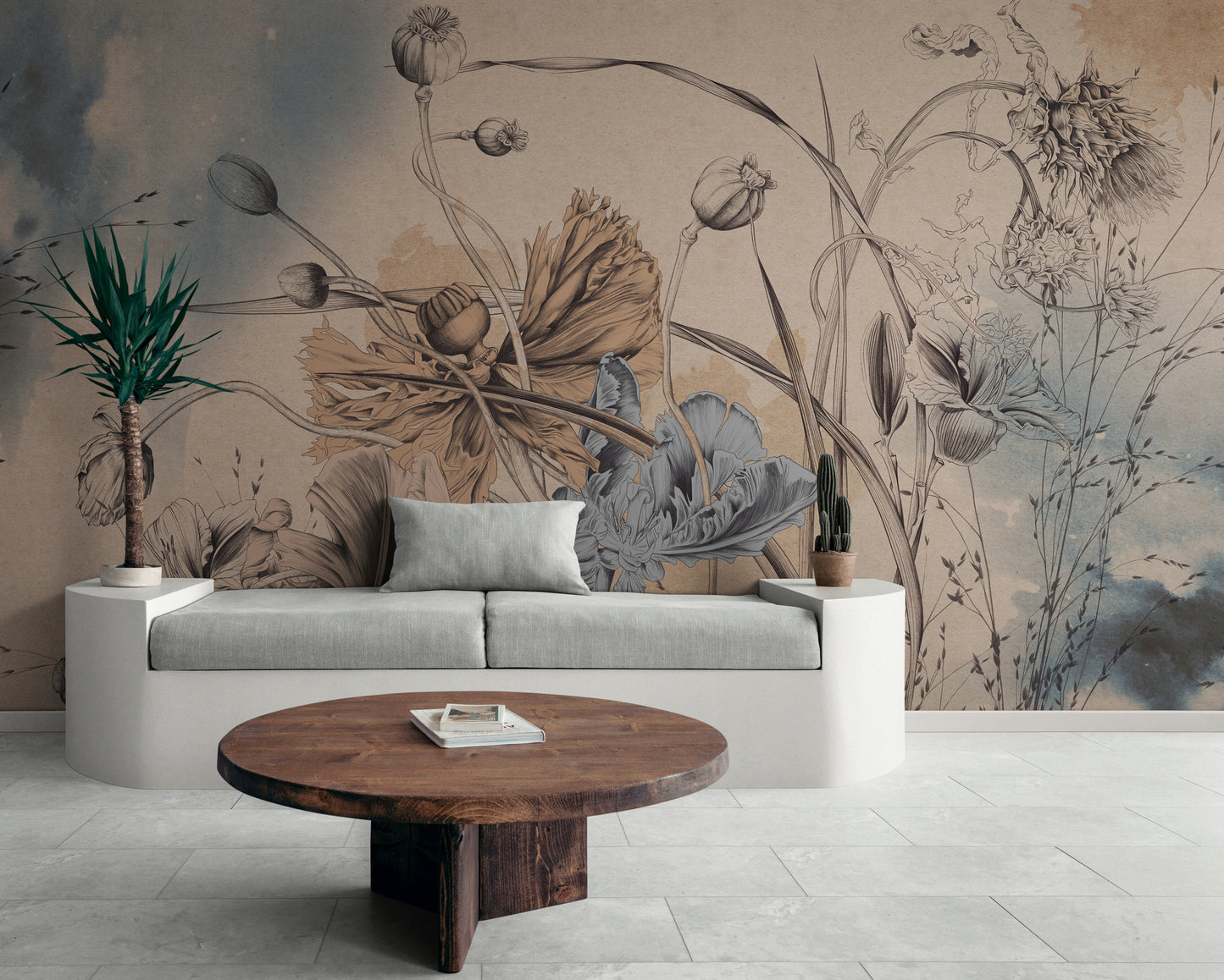 Extra large herbs wallpaper, self adhesive wall mural with poppies image, neutral botanical wallpaper, peel and stick floral wall mural, removable wallpaper