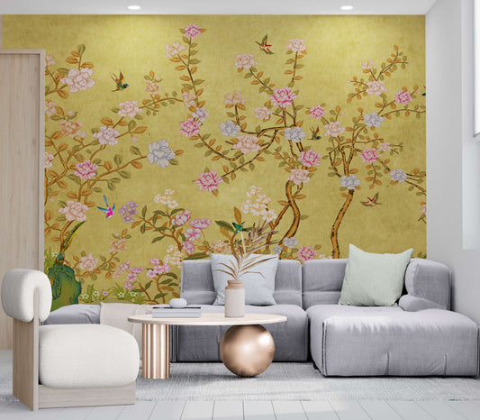 Birds and trees wall mural, botanical wallpaper, self adhesive nature wall mural, floral japandi wall mural, chinoiserie wallpaper, peel and stick wallpaper mural for living room