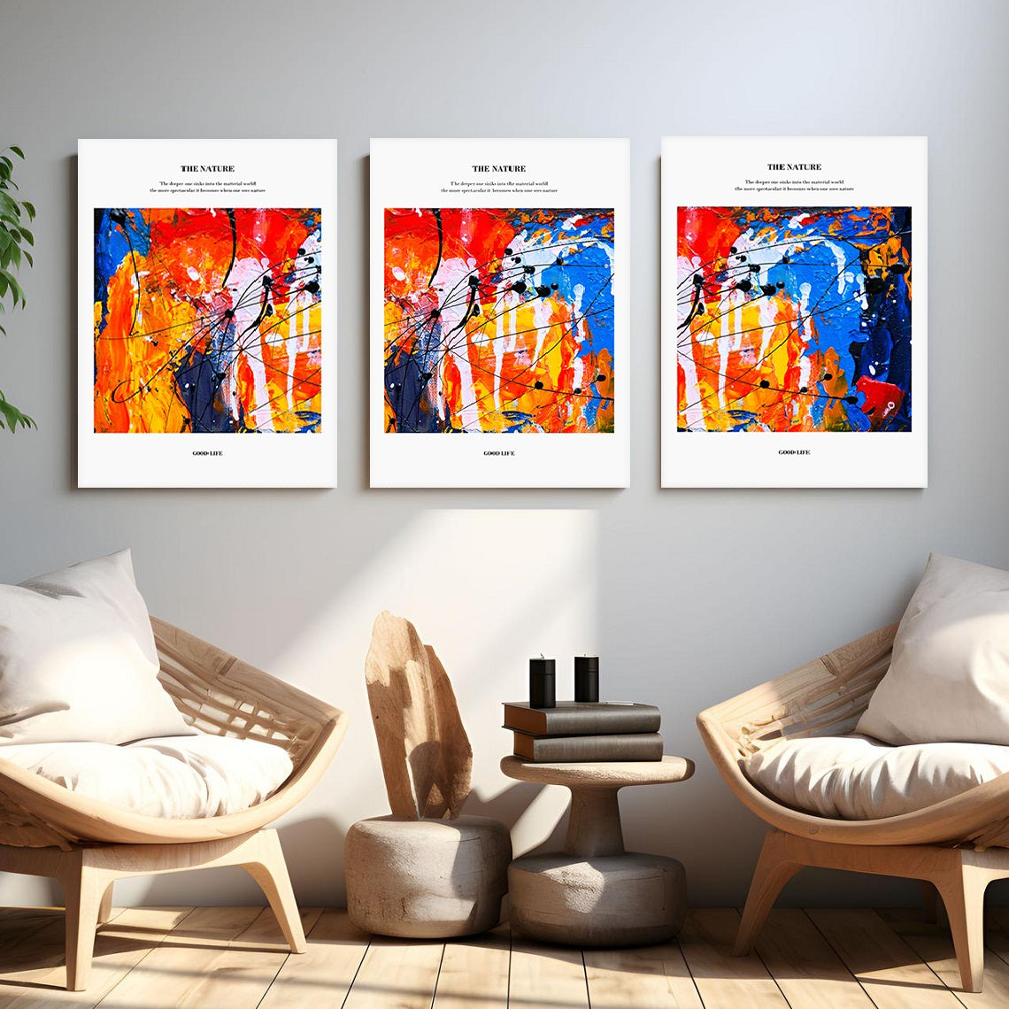 Colorful three piece canvas prints, abstract floating frame wall art, multi colored framed wall hanging decor, set of 3 printable artworks