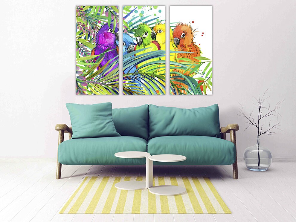 Bird wall art, Parrot wall art paintings on canvas, tropical wall art, home wall decor canvas painting bright wall art extra large wall art
