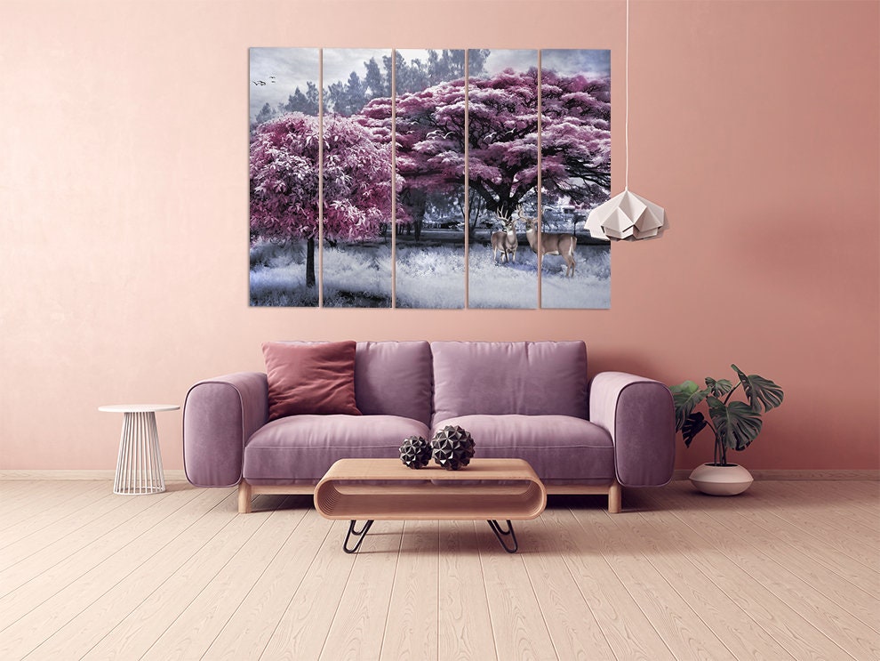 Forest wall art paintings on canvas Nature painting home wall decor wood wall art multi panel wall art extra large wall art pink trees art