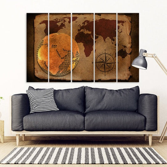 Vintage world map World map wall art paintings on canvas, home wall decor, canvas painting, extra large wall art multi panel wall art