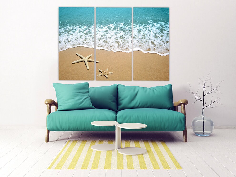 Seascape painting, Nature wall art paintings on canvas, starfish wall art, sun sea sand, sea shore prints beach wall decor canvas painting,