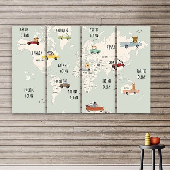 Children's world map wall art paintings on canvas, nursery wall art, world map wall art,  home wall decor, canvas painting, world map canvas