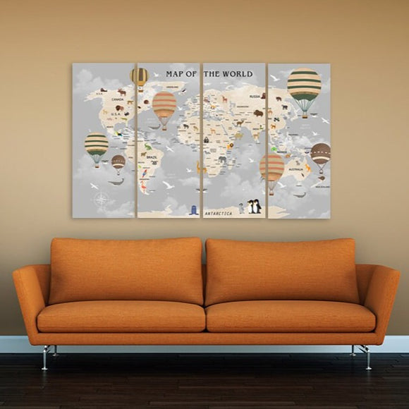 Boy nursery wall art, Children's world map wall art paintings on canvas, home wall decor, canvas painting, multi panel wall art extra large