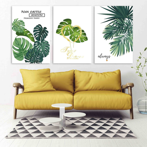 Tropical wall art paintings on canvas, home wall decor, printable wall art set of 3, monstera art custom canvas, botanical wall art