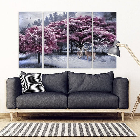 Forest wall art paintings on canvas Nature painting home wall decor wood wall art multi panel wall art extra large wall art pink trees art