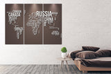 World map wall art paintings on canvas, home wall decor, multi panel wall art, world map wall decal, world map canvas