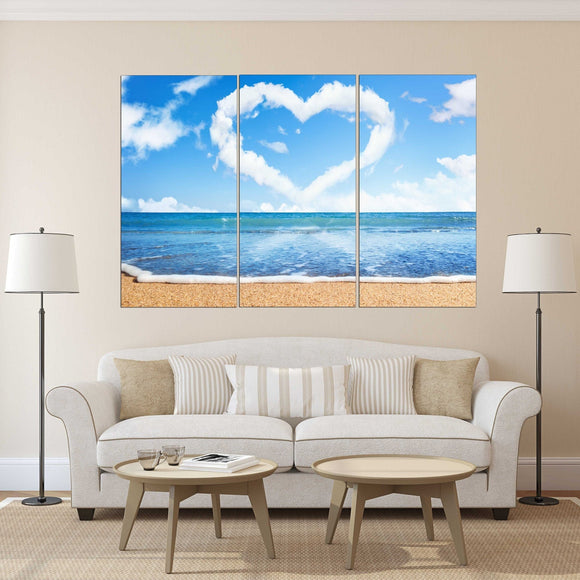 Heart wall decor, Love wall art paintings on canvas, valentines day gift, seascape painting, blue sky wall art, love picture