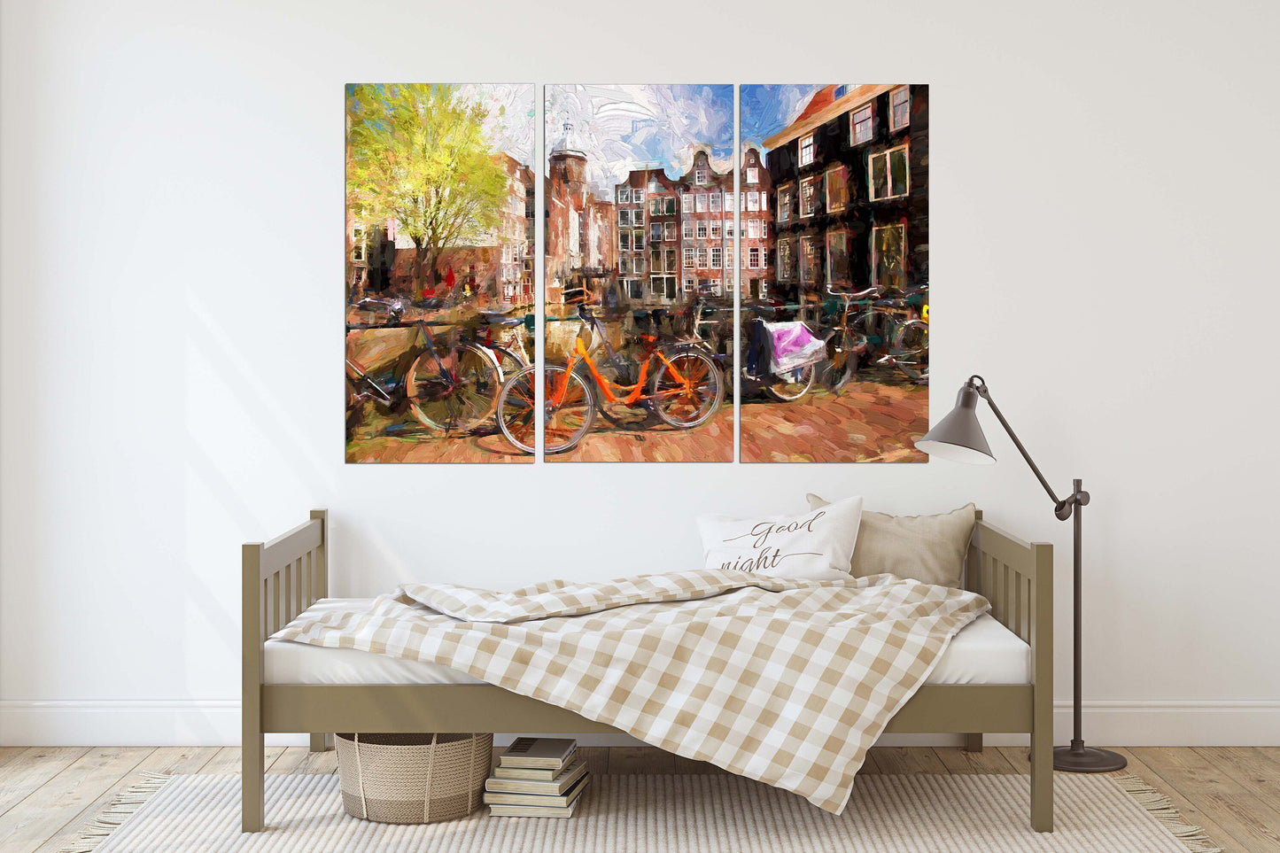 Vintage wall art paintings on canvas, home decor, city multi panel wall art, canvas print, trendy wall art, city street art bicycle wall art