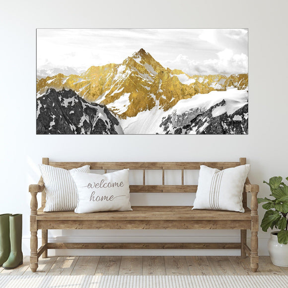 Gold mountains wall art paintings on canvas, wall pictures mountains, nature wall art, home wall decor, mountain art print